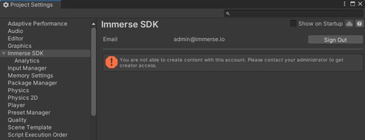 Immerse error message in Unity